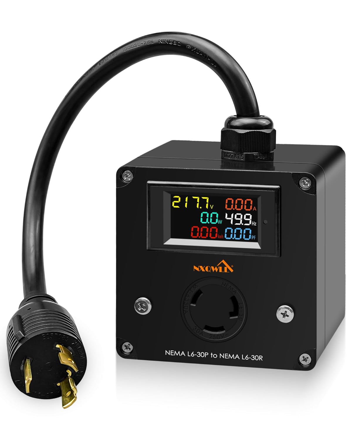 30A AC Power Meter, 240V L6-30P to L6-30R LCD Display Digital Multimeter Tester with 1.65FT 10AWG Cable, Outlet Monitor Multifunction Energy Monitor Voltage Current Frequency Power Factor