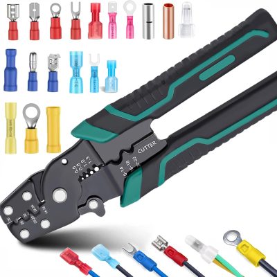 smseace Green Wire Crimping tool Wire crimper,stripper and cutterfor insulated/Bare/Heat Shrink connectors(22-10 AWG) Multifunctional stripping crimping pliers Wire stripper and crimping tool