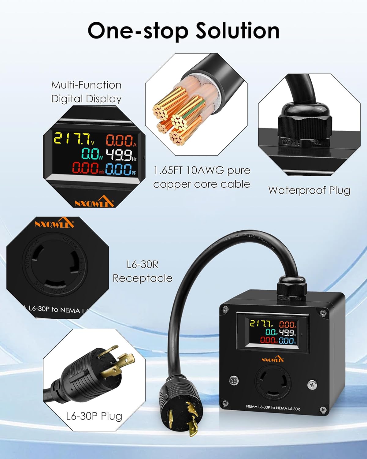 30A AC Power Meter, 240V L6-30P to L6-30R LCD Display Digital Multimeter Tester with 1.65FT 10AWG Cable, Outlet Monitor Multifunction Energy Monitor Voltage Current Frequency Power Factor - Image 4