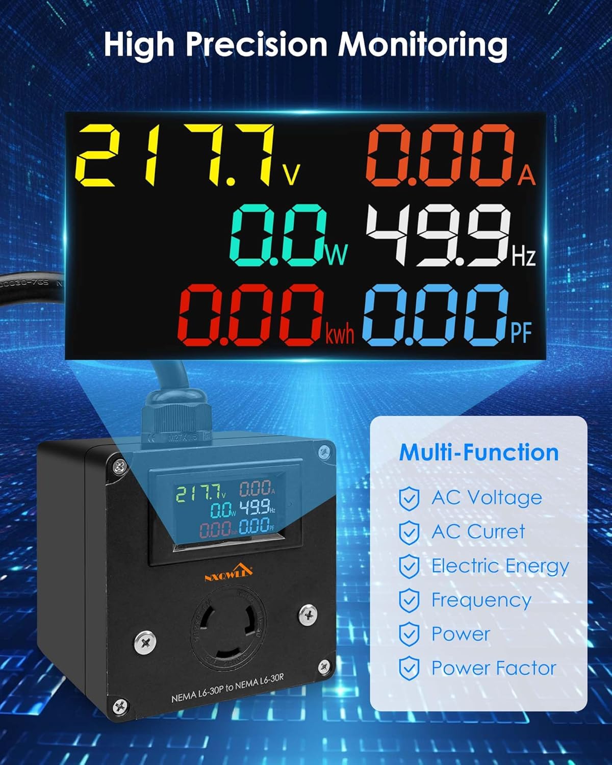 30A AC Power Meter, 240V L6-30P to L6-30R LCD Display Digital Multimeter Tester with 1.65FT 10AWG Cable, Outlet Monitor Multifunction Energy Monitor Voltage Current Frequency Power Factor - Image 2