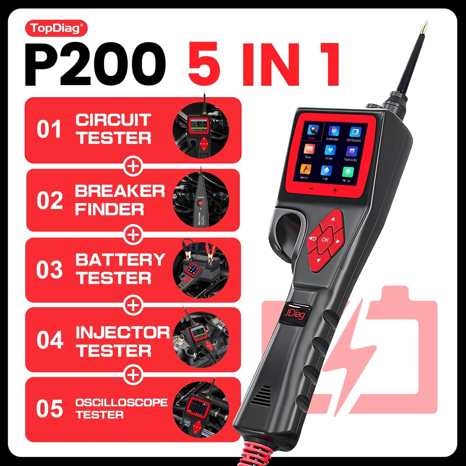 TopDiag P200 Power Circuit Probe Kit - Automotive Circuit Tester with 2024 Online Update, 9~30V Voltage Range, Multimeter, Relay Test, Fuel Injector Tester, Activating Component, Oscilloscope Mode - Image 2