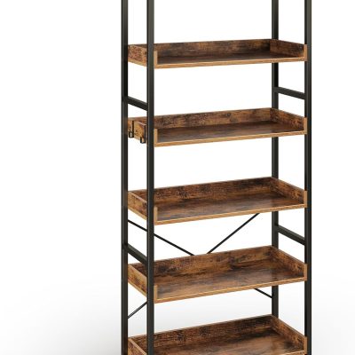 Rolanstar Bookshelf 6 Tier with 4 Hooks, Industrial Wood Bookcase, Vintage Storage Rack with Open Shelves, Rustic Standing Bookshelves Metal Frame Display Rack for Living Room, Bedroom, Rustic Brown