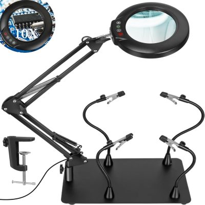 Drdefi Soldering Magnifying Glass with Light and Stand, 10X Magnification, Magnetic Helping Hands, Alligator Clips, LED Display, 110V, Soldering Station